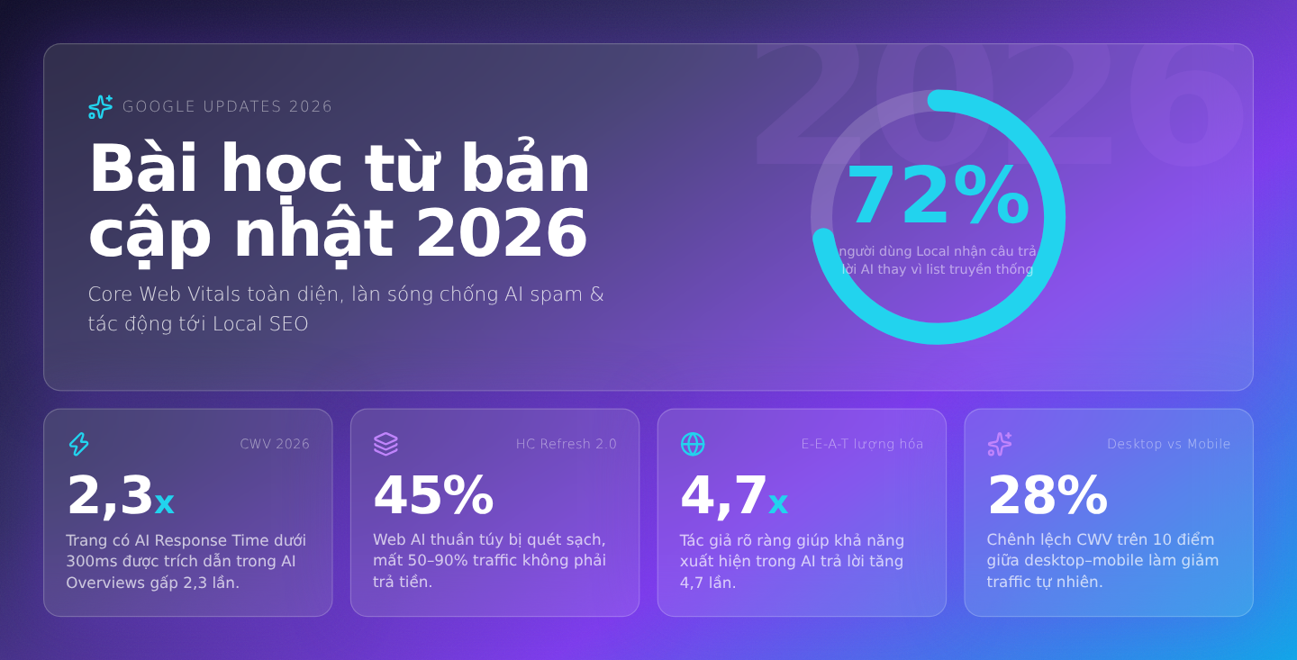 Bài học từ các bản cập nhật 2026: Core Web Vitals toàn diện, làn sóng chống AI spam, và tác động tới Local SEO